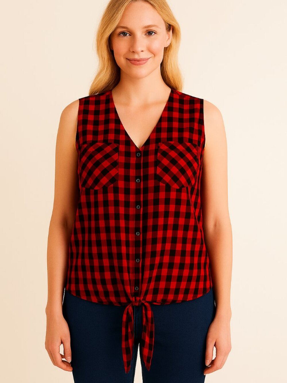 Rock & Republic Red Black Buffalo Plaid Tie Front Sleeveless Button Shirt XXL